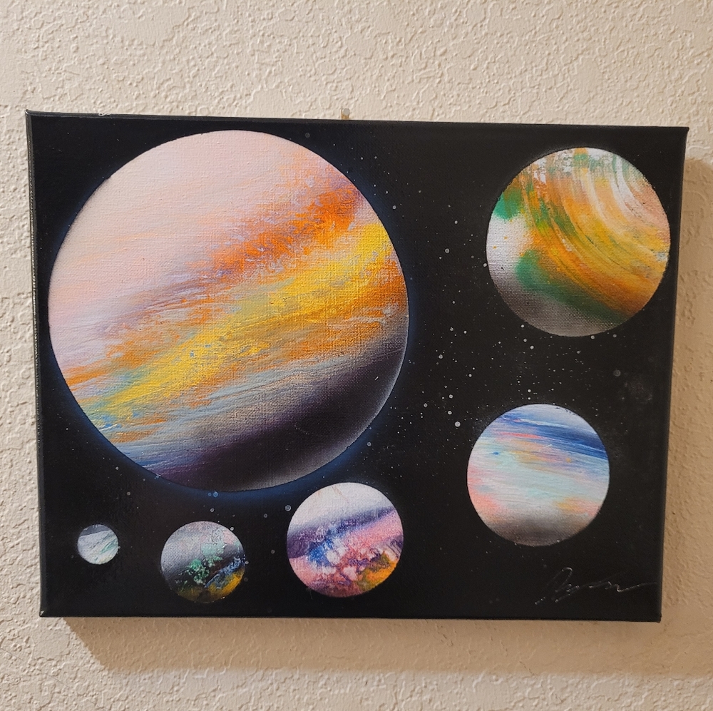 Planets/Outerspace Scene with spray paint on Canvas.